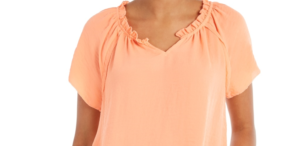 Blusa feminina com babados e mangas bufantes, estilo &amp; co, laranja, tamanho pequeno médio