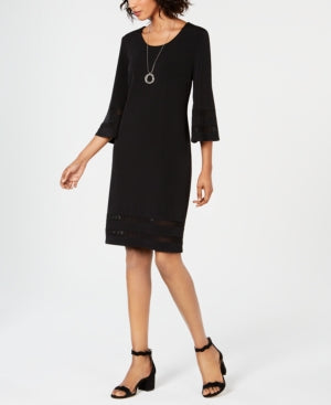 Vestido feminino JM Collection com decote em V e mangas curtas, preto, tamanho X-S