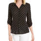 Camisa feminina Charter Club com estampa de bolinhas e botões, preta, tamanho X-S