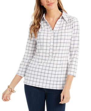 Camisa polo feminina Charter Club com estampa de manga 3/4, branca, tamanho P