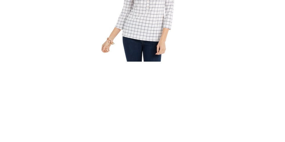 Camisa polo feminina Charter Club com estampa de manga 3/4, branca, tamanho P