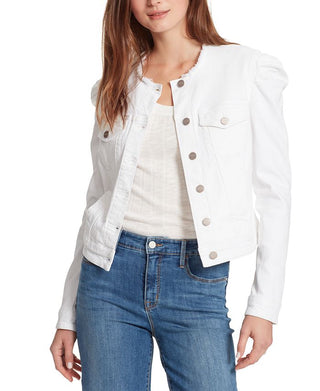 Jaqueta jeans feminina Sanctuary Collette com gola desfiada, branca, tamanho médio