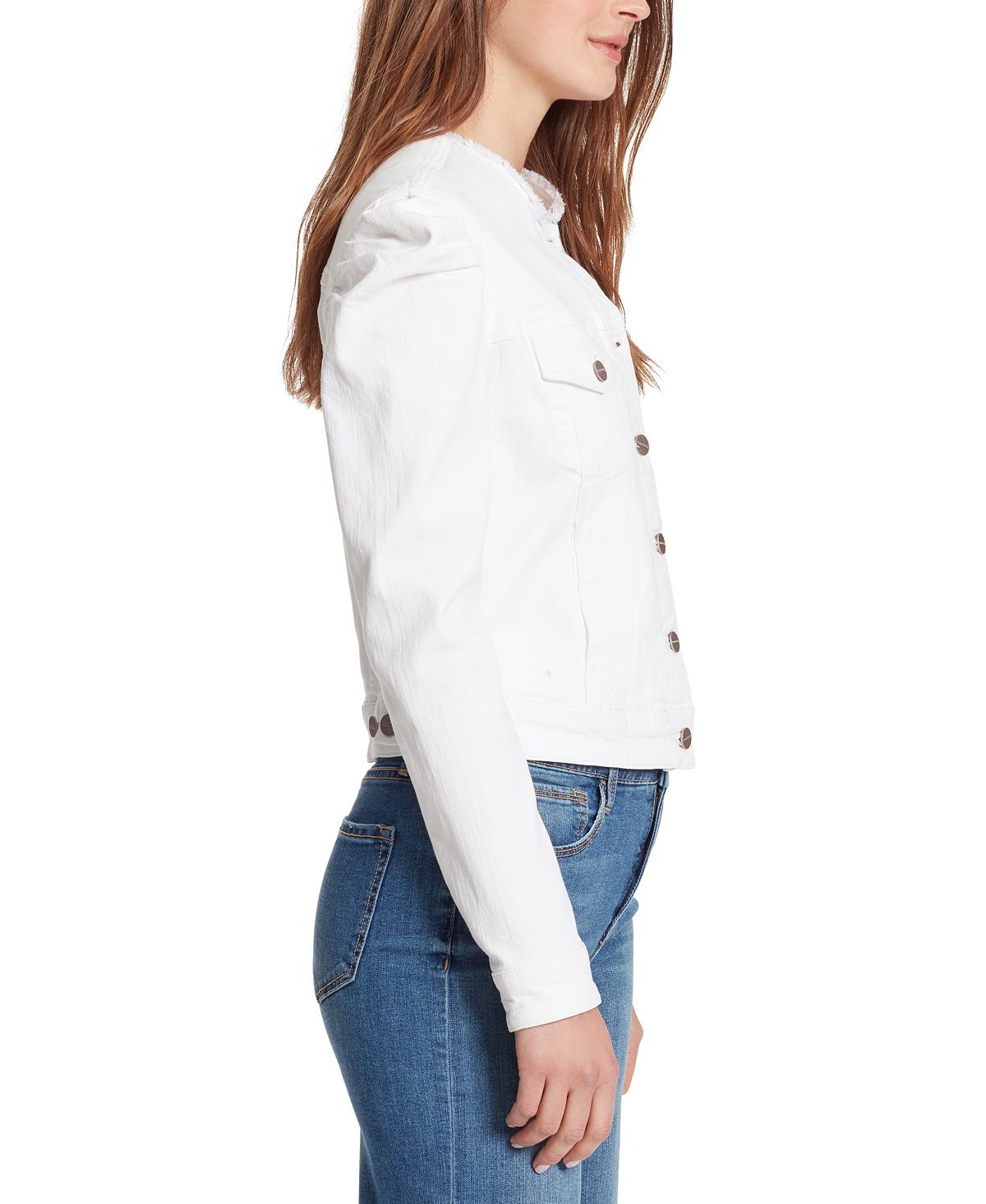 Jaqueta jeans feminina Sanctuary Collette com gola desfiada, branca, tamanho médio