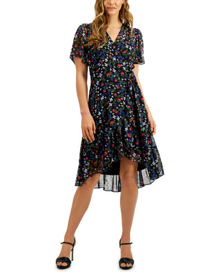 Vestido estilo envelope com estampa floral Calvin Klein feminino, azul, tamanho 0 pequeno