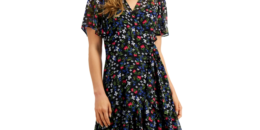 Vestido estilo envelope com estampa floral Calvin Klein feminino, azul, tamanho 0 pequeno