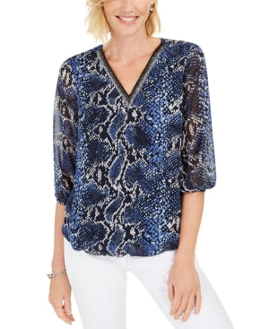 JM Collection Top feminino com estampa de cobra e bolhas, azul, tamanho pequeno, médio