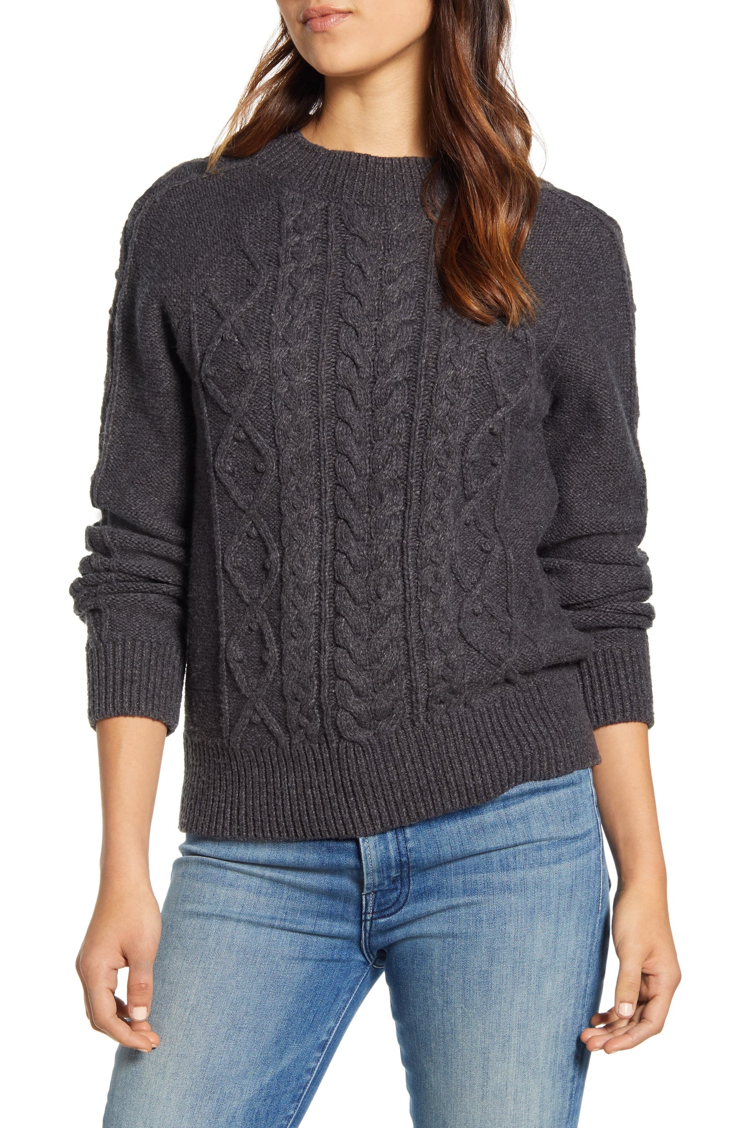 Suéter feminino de tricô com gola redonda e cabo Lucky Brand, preto, tamanho pequeno
