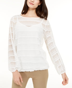 Blusa feminina Alfani transparente com listras e manga balão, branca, tamanho pequeno G