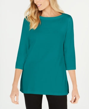 Karen Scott Blusa de malha feminina de algodão com decote canoa e manga 3/4, verde, tamanho pequeno
