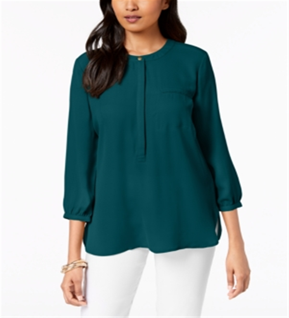 Blusa plissada feminina com botões, azul-petróleo, tamanho XS, da coleção JM