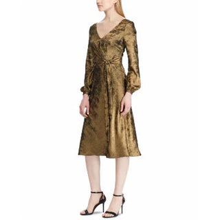 Vestido envelope Ralph Lauren feminino, manga longa, comprimento chá, dourado, tamanho 8