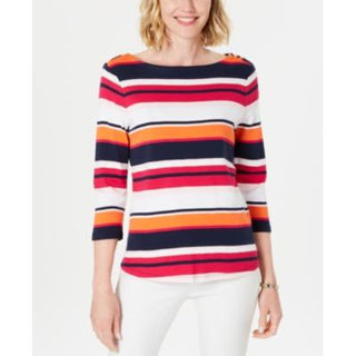 Charter Club Blusa feminina listrada de algodão com decote canoa, rosa, tamanho pequeno GG