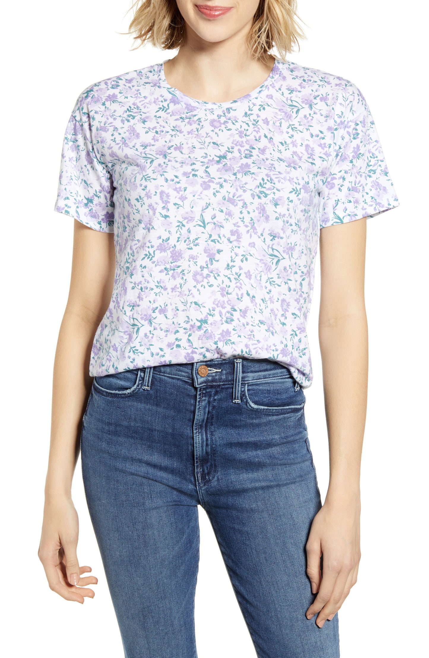 Camisetas femininas Lucky Brand, camiseta floral, branca, tamanho médio