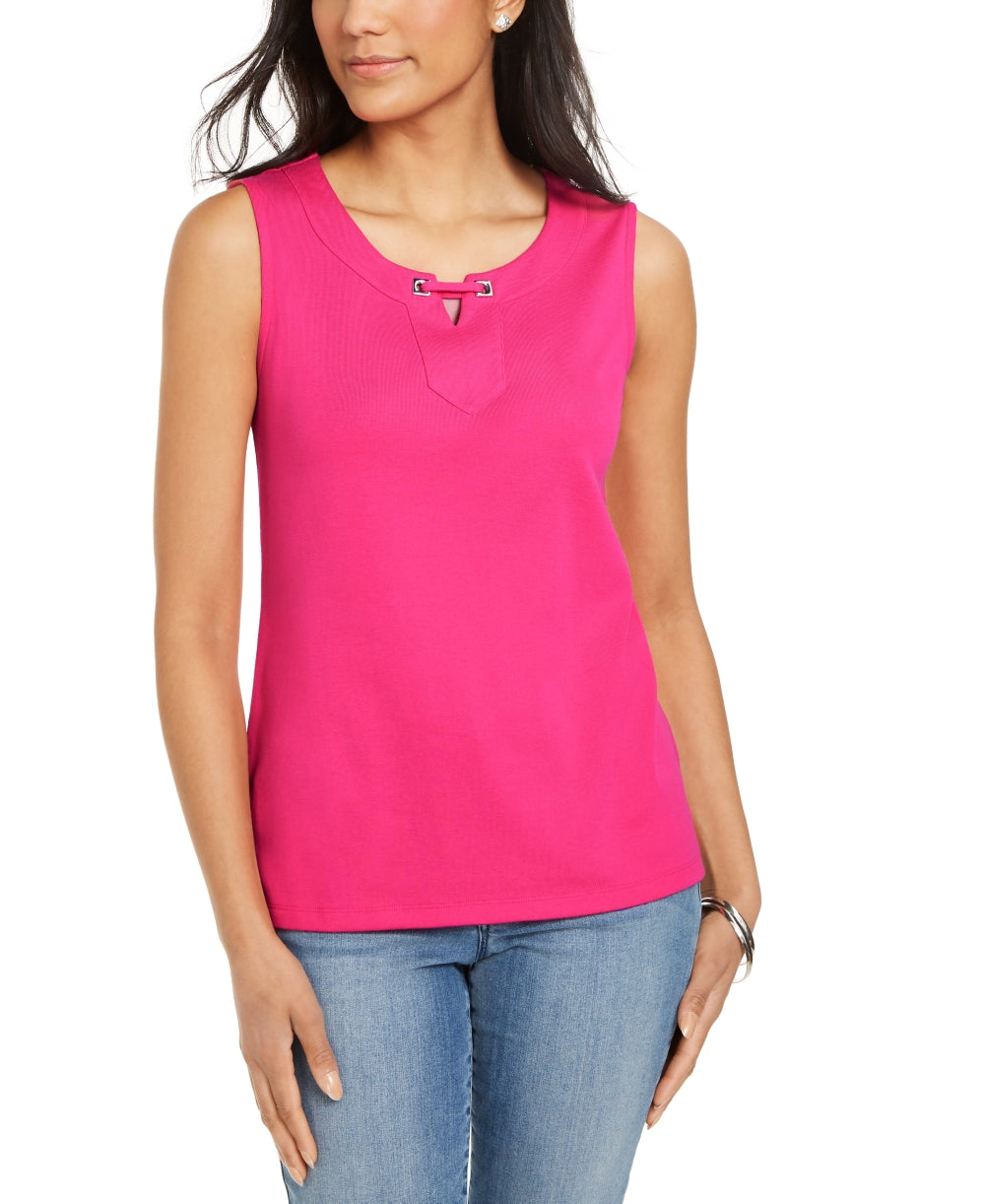 Regata feminina Karen Scott com acabamento em ilhós rosa, tamanho extrapequeno