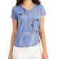 Blusa feminina de algodão estampado com decote em V, azul, tamanho pequeno XS