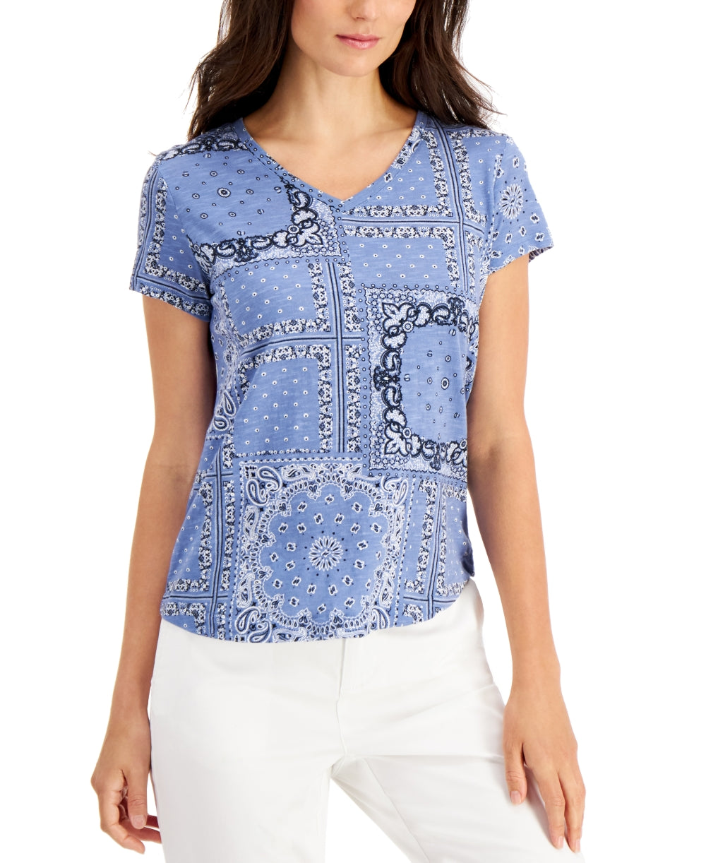Blusa feminina de algodão estampado com decote em V, azul, tamanho pequeno XS