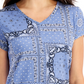 Blusa feminina de algodão estampado com decote em V, azul, tamanho pequeno XS