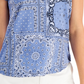Blusa feminina de algodão estampado com decote em V, azul, tamanho pequeno XS