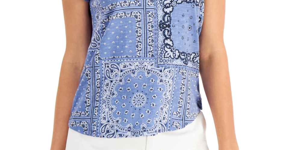 Blusa feminina de algodão estampado com decote em V, azul, tamanho pequeno XS