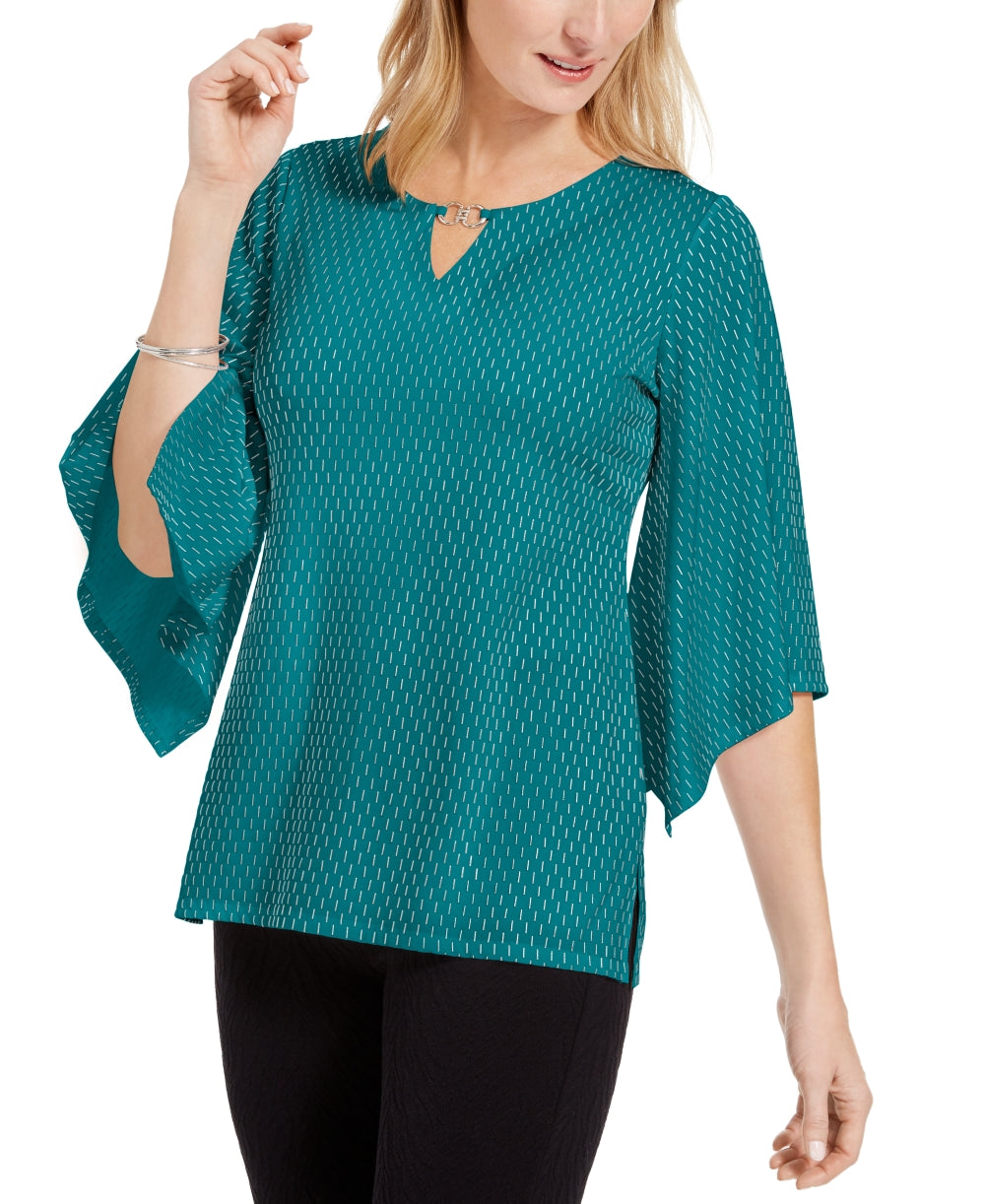 Blusa feminina com manga flare e detalhes em azul, tamanho pequeno, da coleção JM