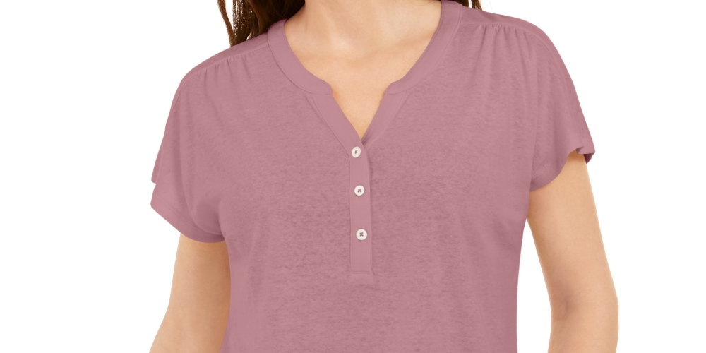 Blusa Henley de Linho e Manga Dolman Feminina Style &amp; Co Roxa Tamanho Grande