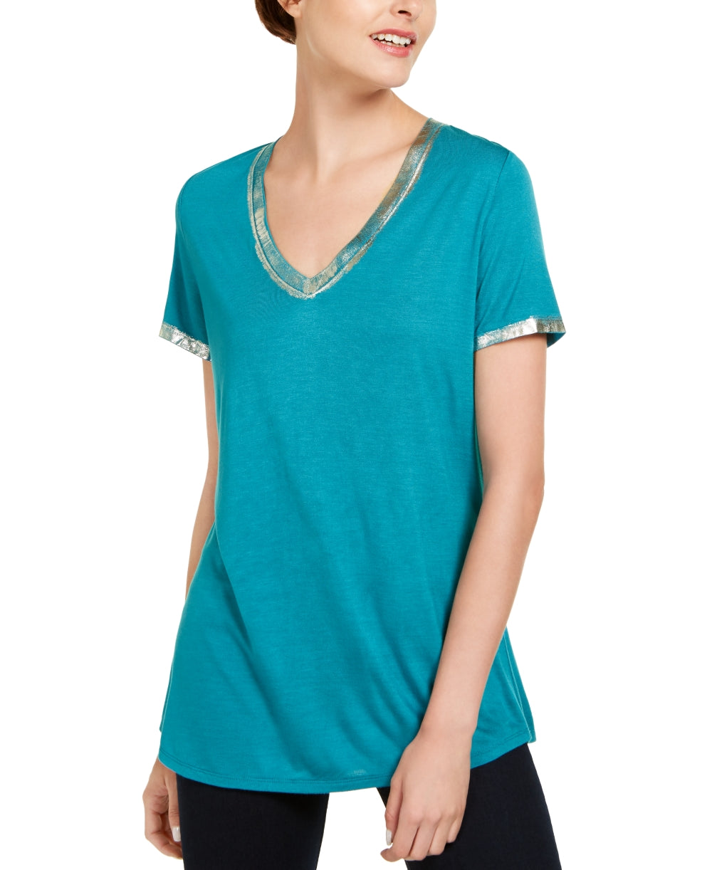 Camiseta feminina com acabamento metálico da INC International Concepts, verde, tamanho X-S