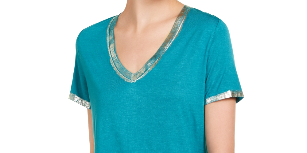 Camiseta feminina com acabamento metálico da INC International Concepts, verde, tamanho X-S