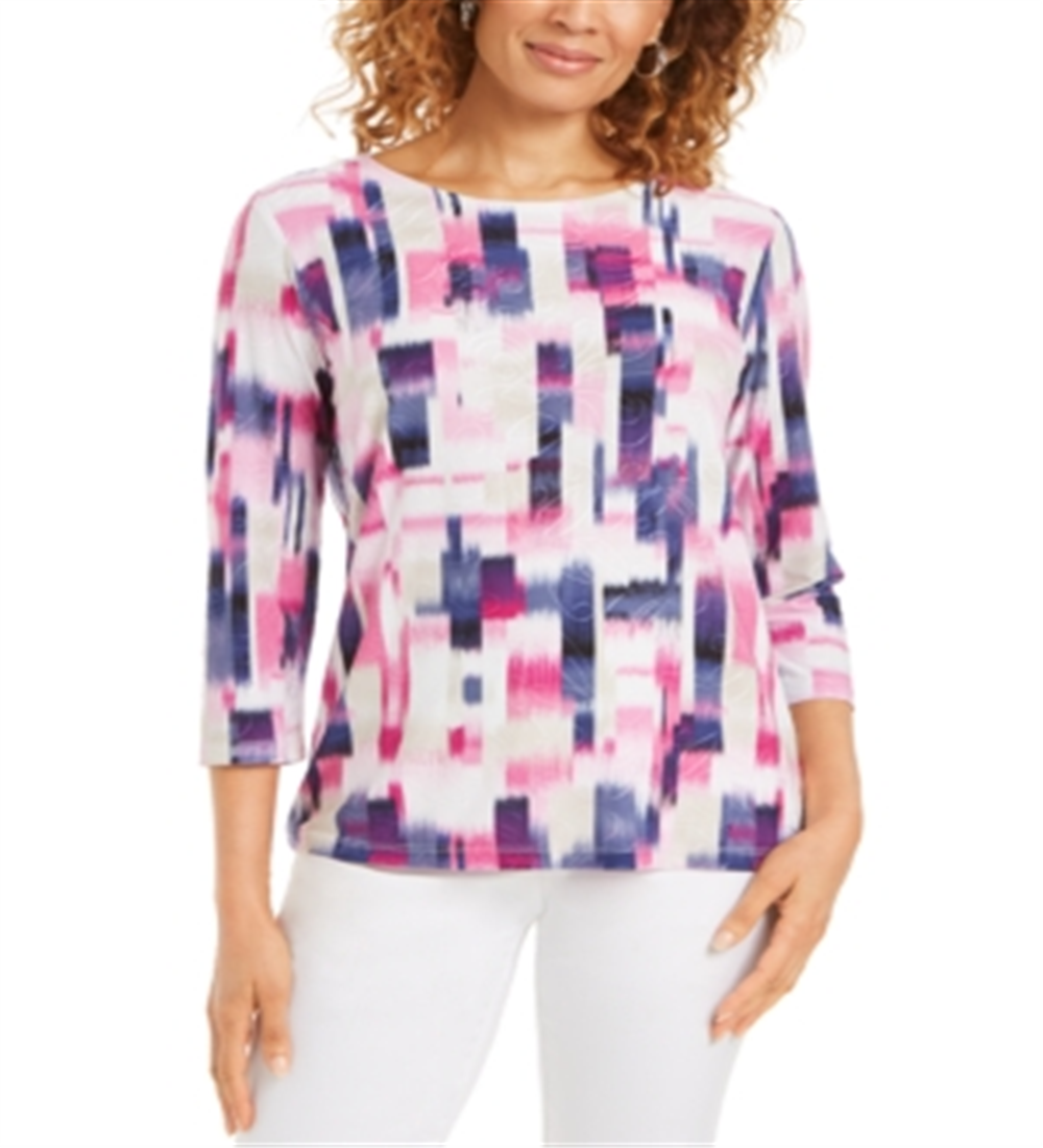 Blusa estampada em jacquard com manga 3/4 da coleção Jm, rosa, tamanho P