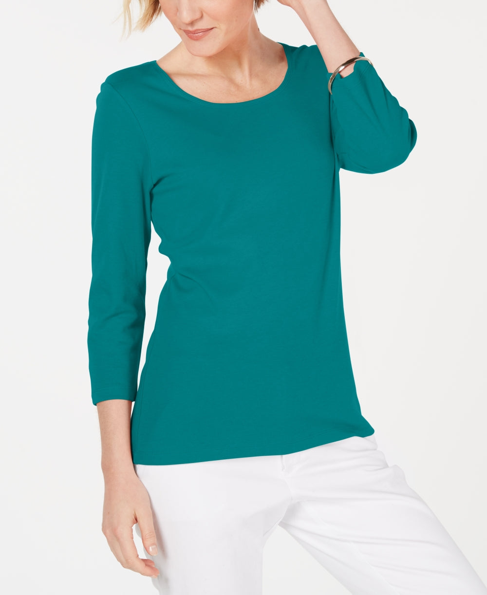 Karen Scott Blusa Feminina de Algodão com Decote Redondo Azul Tamanho Pequeno Médio
