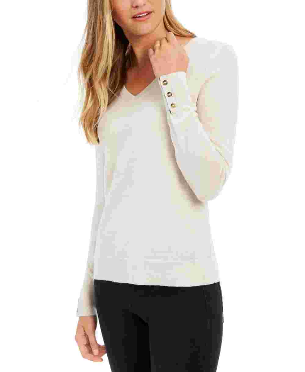 Camiseta feminina com decote em V e punho mesclado Charter Club, bege, tamanho extragrande
