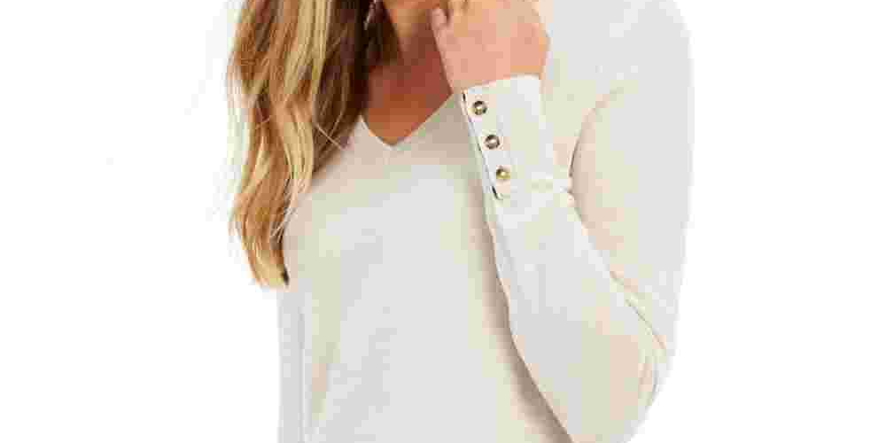 Camiseta feminina com decote em V e punho mesclado Charter Club, bege, tamanho extragrande