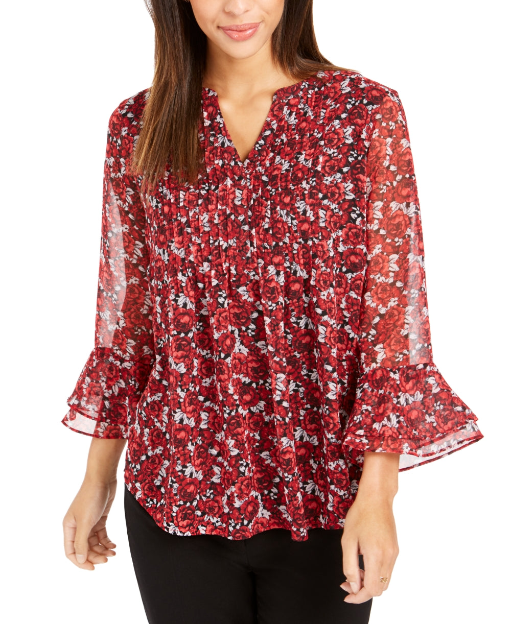 Charter Club Blusa Feminina Floral Pintuck Vermelha Tamanho X-S