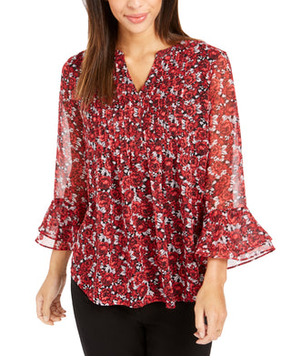 Charter Club Blusa Feminina Floral Pintuck Vermelha Tamanho X-S