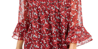 Charter Club Blusa Feminina Floral Pintuck Vermelha Tamanho X-S