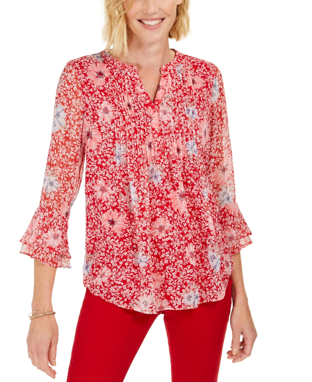 Top feminino estampado com decote dividido, tamanho pequeno, vermelho, Charter Club