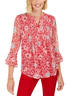 Top feminino estampado com decote dividido, tamanho pequeno, vermelho, Charter Club