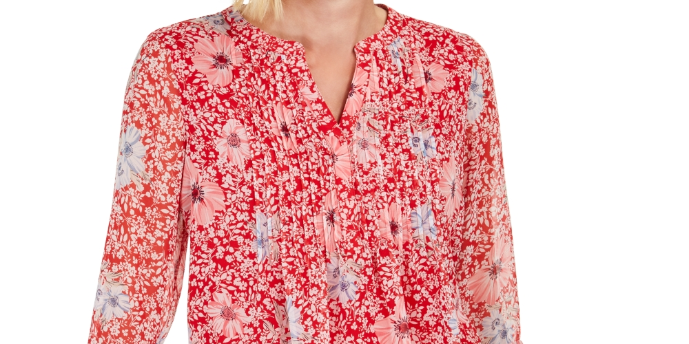 Top feminino estampado com decote dividido, tamanho pequeno, vermelho, Charter Club