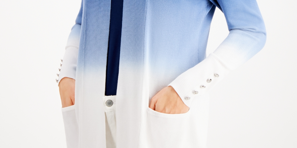 Cardigan feminino com acabamento em botões e tingimento por imersão JM Collection, azul, tamanho X-S