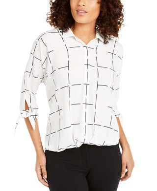 Alfani Women's Printed Tie Cuff Top White Size Petite Small