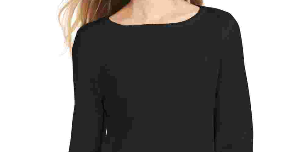 Blusa feminina com estampa canelada e manga comprida, gola redonda, tamanho PP, preta