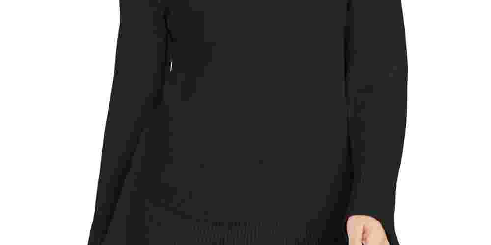 Blusa feminina com estampa canelada e manga comprida, gola redonda, tamanho PP, preta