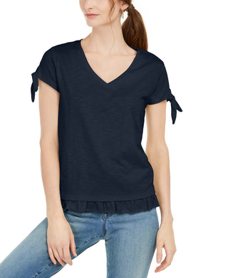 Blusa feminina com mangas amarradas e babados, estilo &amp; co, azul, tamanho pequeno