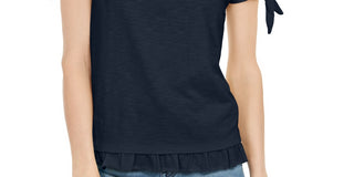 Blusa feminina com mangas amarradas e babados, estilo &amp; co, azul, tamanho pequeno