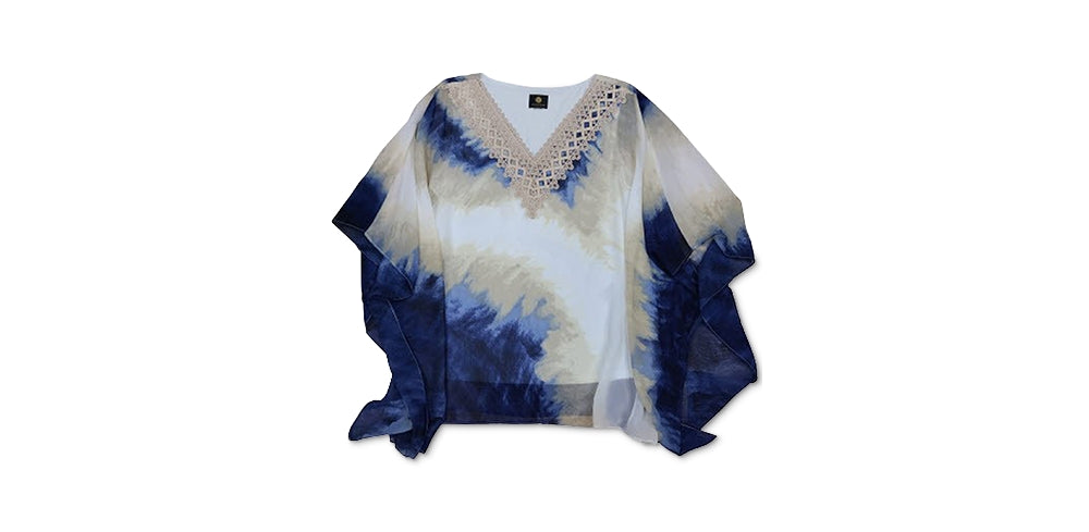 JM Collection Top poncho feminino estampado com acabamento em crochê, azul, tamanho X-S