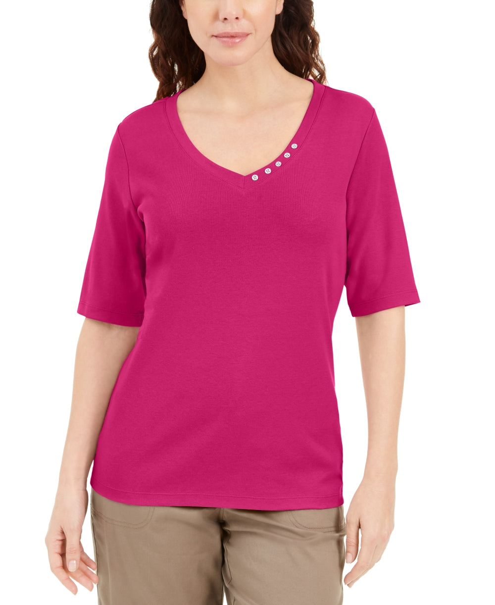 Blusa feminina Karen Scott com decote em V e detalhe de botão, rosa, tamanho pequeno