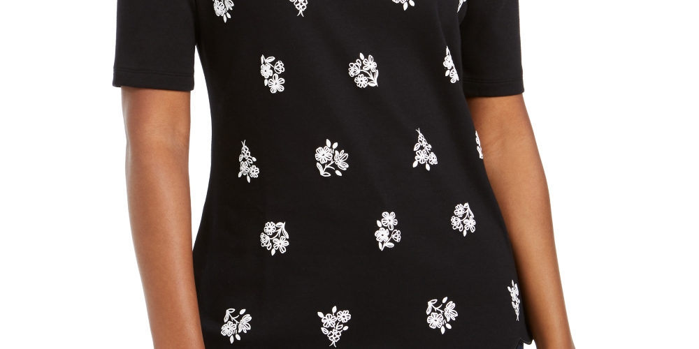 Karen Scott Blusa de algodão estampada feminina, preta, tamanho X-S