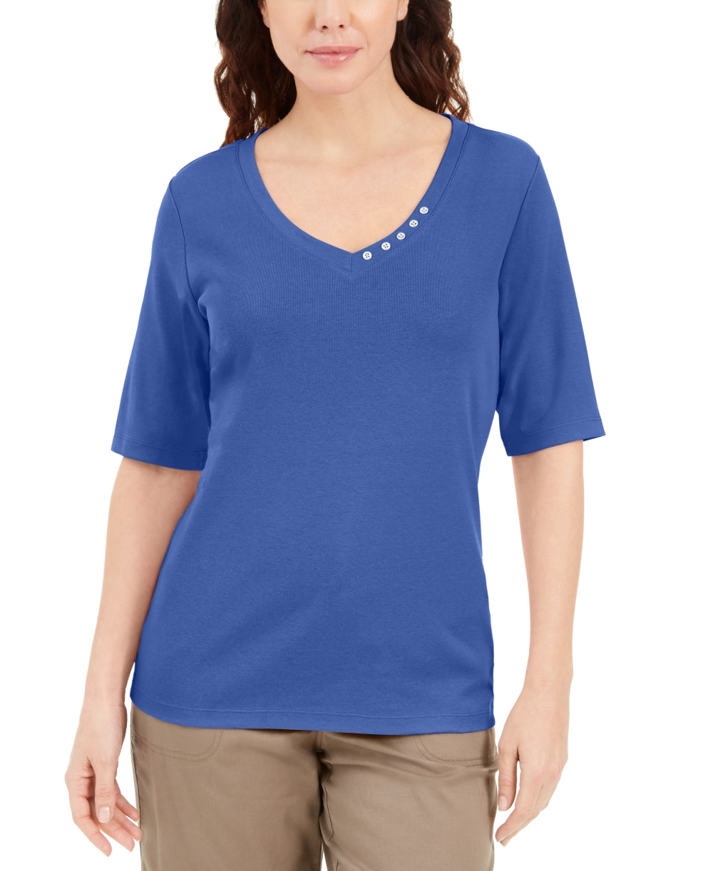 Blusa feminina Karen Scott com decote em V e detalhes em botões, azul, tamanho médio