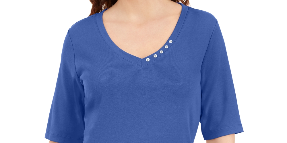 Blusa feminina Karen Scott com decote em V e detalhes em botões, azul, tamanho médio