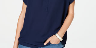 Blusa feminina Charter Club com decote aberto e manga curta, azul, tamanho PS/M