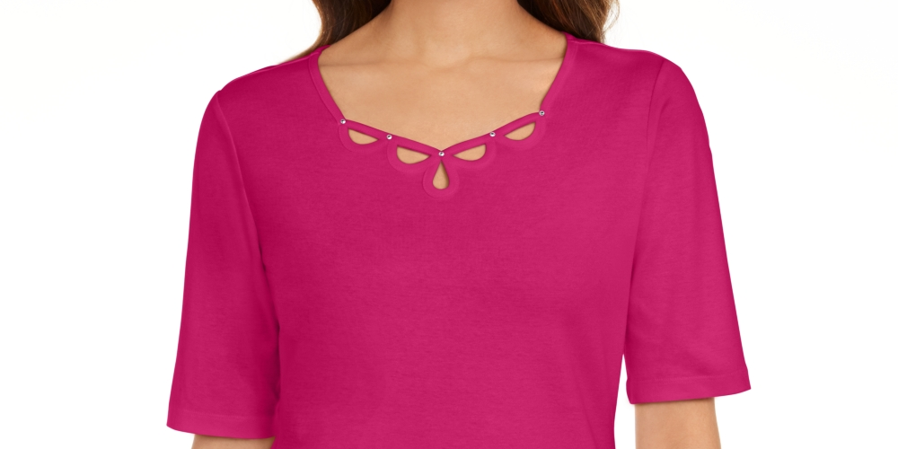 Karen Scott Blusa Feminina de Algodão com Decote em Fechadura Rosa Tamanho X-S